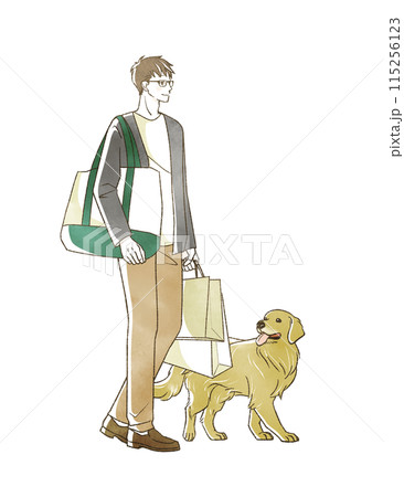 買い物をしている男性と犬 115256123