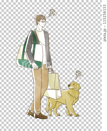 A man and a dog shopping with a troubled look on their face A man and a dog shopping with a troubled look on their face 115256153