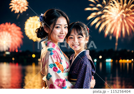 花火大会を楽しむ浴衣の親子のイメージ 花火大会を楽しむ浴衣の親子のイメージ 115256404
