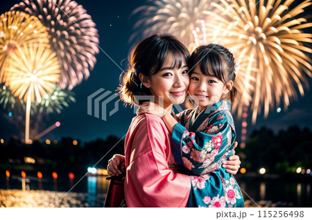 花火大会を楽しむ浴衣の親子のイメージ 115256498