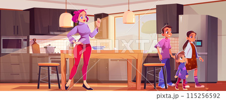 Children walk away and mother in kitchen 115256592