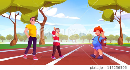 Two boys and coach on outdoor running track 115256596