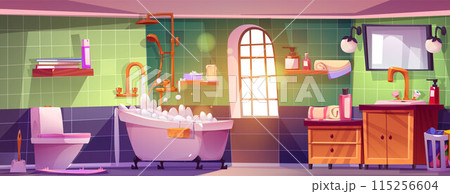 Bath room interior with bathtub and toilet bowl 115256604
