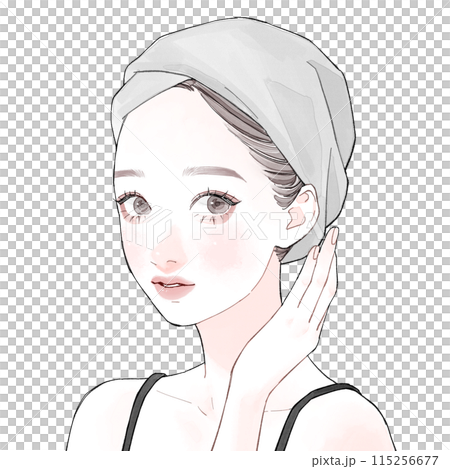 A woman with a towel around her head 115256677