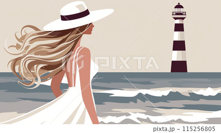 海と灯台を眺める女性