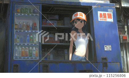 夏休みのバイトで飲料販売している女の子