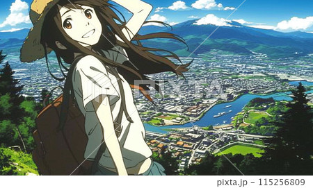 夏の快晴の日、ハイキングに来た若い女の子が山の上から町を眺めている