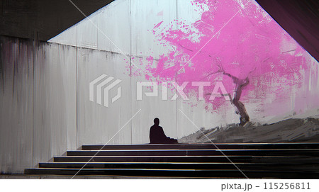 ビルの狭間に咲く桜で、一人花見をしている男性