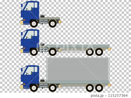 青色のトラック「コンテナ付き」「コンテナなし」「牽引自動車」 青色のトラック「コンテナ付き」「コンテナなし」「牽引自動車」 115257364