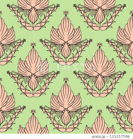 Seamless pattern with pink Damask motifs on a green background 115257596