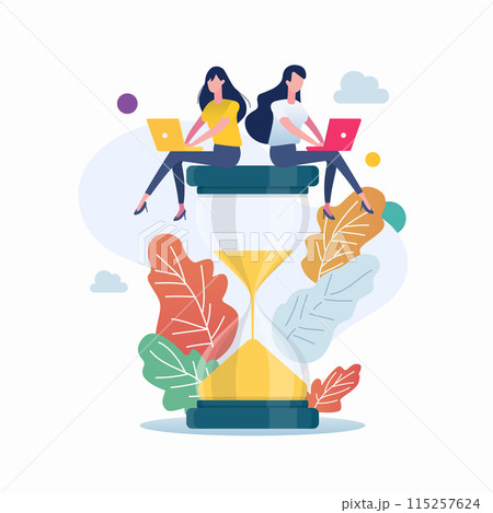Two women sitting on an hourglass and working on laptop. Deadline and time management concept Two women sitting on an hourglass and working on laptop. Deadline and time management concept 115257624