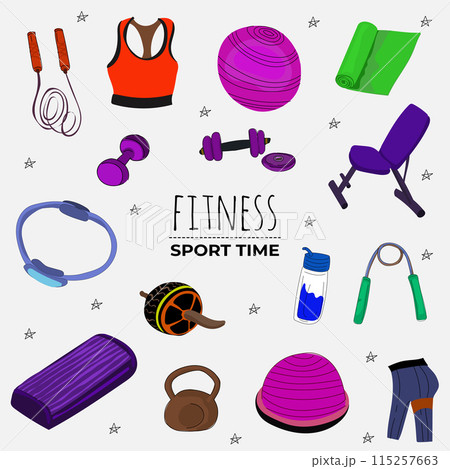 Fitness equipment icons set in flat style, Healthy lifestyle concept. Vector illustration. 115257663