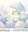 可愛いカエルが紫陽花に囲まれていて傘をさしている 115257850