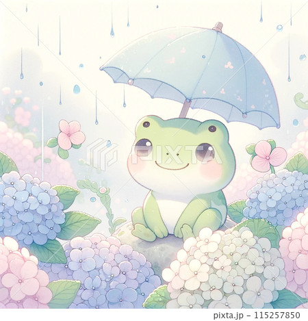 可愛いカエルが紫陽花に囲まれていて傘をさしている 115257850
