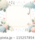 紫陽花のある優しい色使いのオシャレな梅雨の白バックフレームイラスト素材 115257854