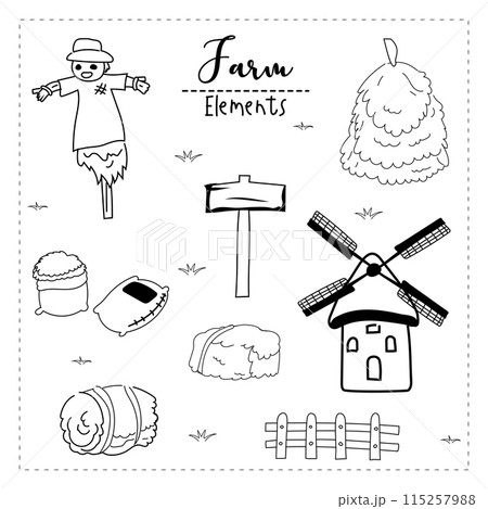 Hand drawn doodle set of farm elements. Vector illustration. Hand drawn doodle set of farm elements. Vector illustration. 115257988