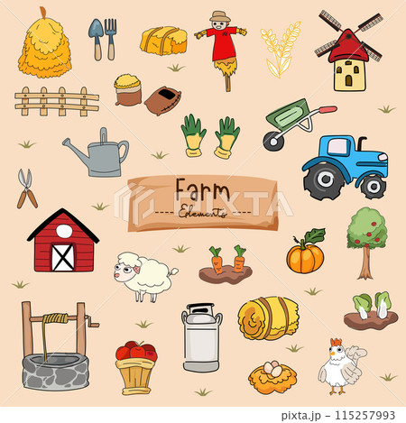 Hand drawn doodle set of farm elements. Vector illustration. 115257993
