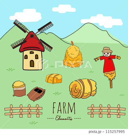 Hand drawn doodle set of farm elements. Vector illustration. Hand drawn doodle set of farm elements. Vector illustration. 115257995