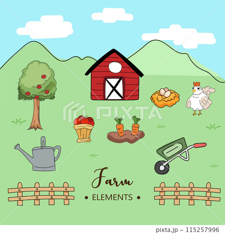 Hand drawn doodle set of farm elements. Vector illustration. 115257996
