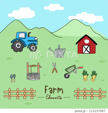 Hand drawn doodle set of farm elements. Vector illustration. Hand drawn doodle set of farm elements. Vector illustration. 115257997