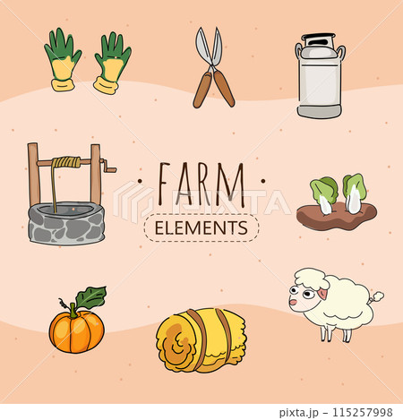 Hand drawn doodle set of farm elements. Vector illustration. Hand drawn doodle set of farm elements. Vector illustration. 115257998