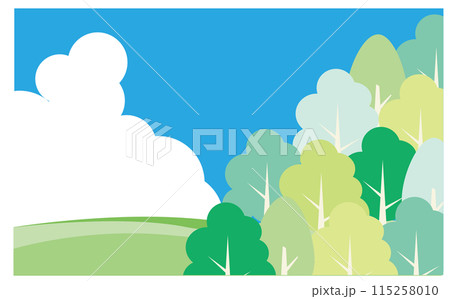 森と入道雲の綺麗な青空の背景イラスト素材 115258010