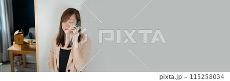 contactless concept online seller woman use phone application support her business from home with white isolated background contactless concept online seller woman use phone application support her business from home with white isolated background 115258034