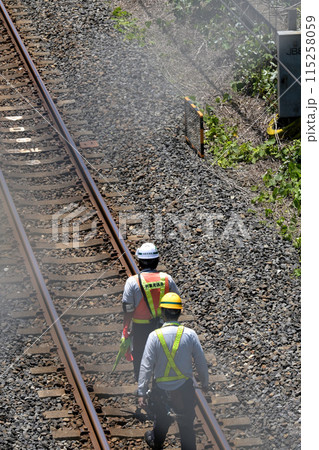 高台のフェンス越しの線路見張り風景：JR宇都宮線 埼玉県蓮田市 115258059