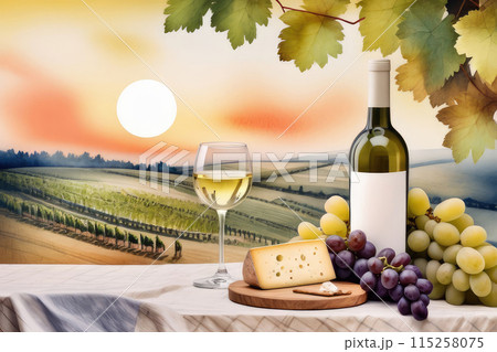 White wine, grapes and cheese on wooden table in vineyard, countryside relaxation. 115258075