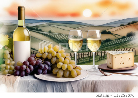 White wine, grapes and cheese on wooden table in vineyard, countryside relaxation. 115258076