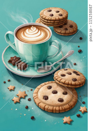 Composition with cookies and cup of coffe on turquoise background watercolor style. 115258087
