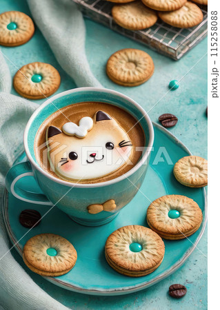 Composition with cookies and cup of coffe on turquoise background watercolor style. 115258088