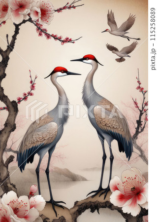 A vintage abstract art background with elegant sandhill cranes stand amidst plum blossoms, their wings outstretched. 115258089