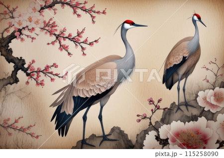 A vintage abstract art background with elegant sandhill cranes stand amidst plum blossoms, their wings outstretched. 115258090