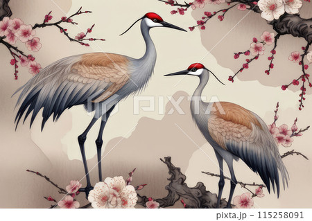 A vintage abstract art background with elegant sandhill cranes stand amidst plum blossoms, their wings outstretched. 115258091