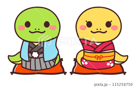 着物を着た巳のかわいいキャラクター　男女　イラスト素材 115258750