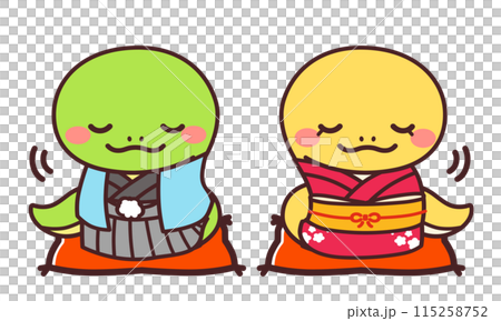 着物を着た巳のかわいいキャラクター　男女　お辞儀　イラスト素材 115258752