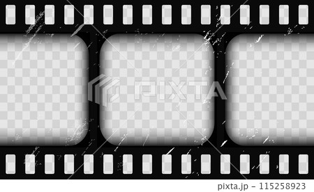 Old cinematic frame, video film strip. Retro vintage tape empty template with slide. Tape border, grunge textured silhuette. Video photo reel on transparent background  115258923