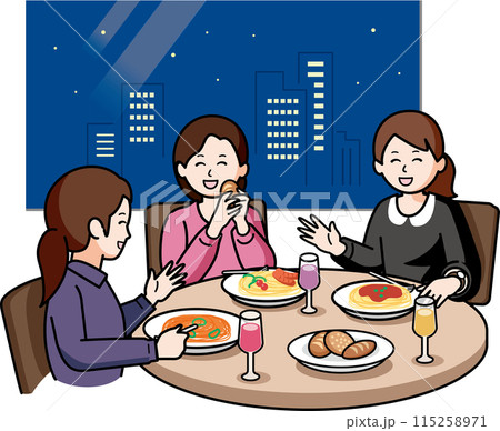 女子会 夜景の綺麗なレストランでおしゃべりする女性 女子会 夜景の綺麗なレストランでおしゃべりする女性 115258971