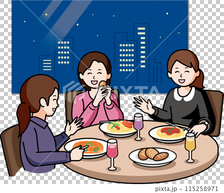 女子会 夜景の綺麗なレストランでおしゃべりする女性 女子会 夜景の綺麗なレストランでおしゃべりする女性 115258971