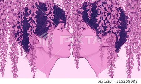 藤の花に囲まれて若い男性の恋人たちがキスをしている：LGBT