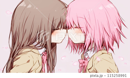 幸せの時：若い女性の恋人たちのキスをしている：LGBT