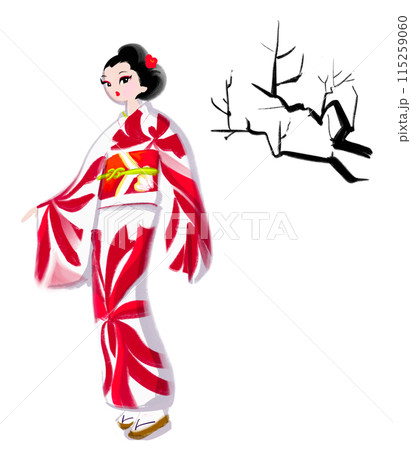 梅の花と着物姿の女性のイラスト 梅の花と着物姿の女性のイラスト 115259060