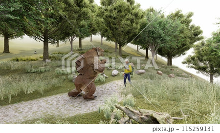 登山 熊に襲われる 熊が立つ イラストCG 登山 熊に襲われる 熊が立つ イラストCG 115259131