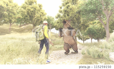 登山　熊に襲われる　熊が立つ イラストCG 115259150