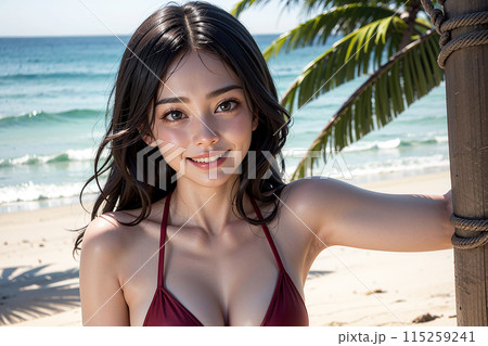 AI生成画像｜夏のビーチを楽しむ若くて可愛い水着姿の女性イメージ｜夏休みイメージ｜海外旅行イメージのイラスト素材 [115259241] - PIXTA