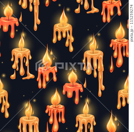 Vector holiday pattern with flowing paraffin candles with fire on a dark background. Texture with paraffin light candle wax tops. Vector holiday pattern with flowing paraffin candles with fire on a dark background. Texture with paraffin light candle wax tops. 115259274