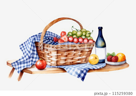 Watercolor composition wicker picnic basket full of food and drinks  isolated on white background. Watercolor composition wicker picnic basket full of food and drinks  isolated on white background. 115259380