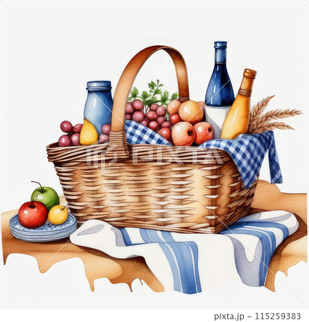 Wicker picnic basket full of food and drinks with open lid isolated on white background in watercolor style. 115259383