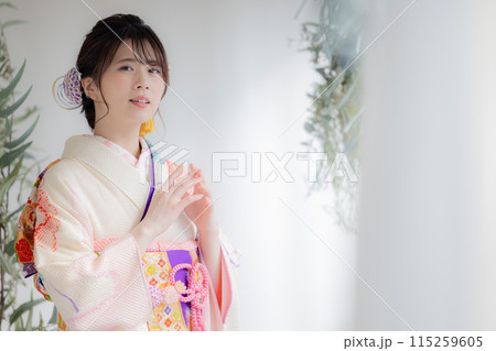 着物　総絞りの振袖を着ている女性のポートレート 115259605
